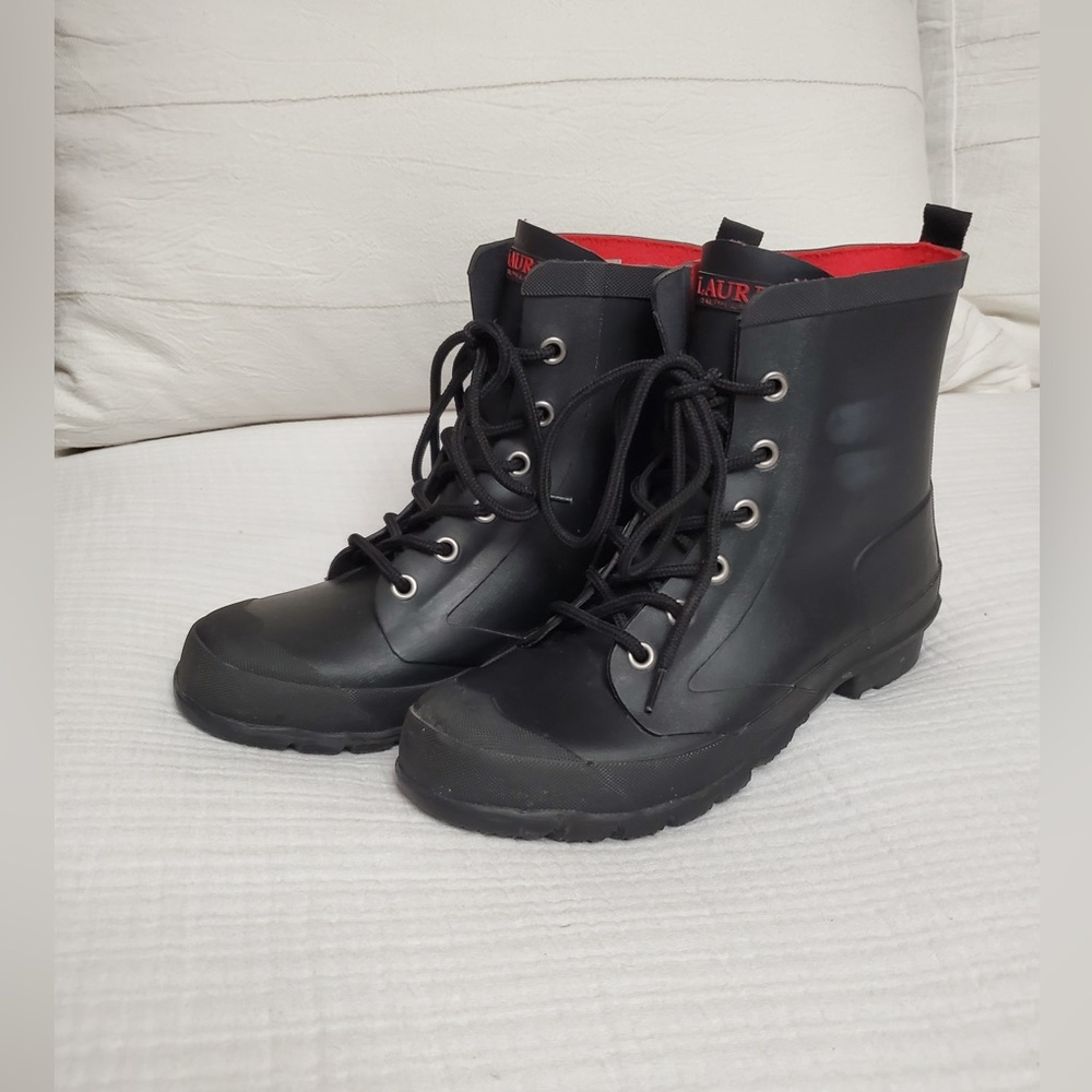 Lauren Ralph Lauren Mikenna Women's Black Rubber Lace Up Ankle Boots Size 7 Fall
